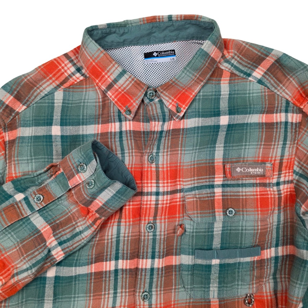 Columbia Mens PHG Plaid Long Button Flannel Shirt Orange Green Outdoor Camp Hunt